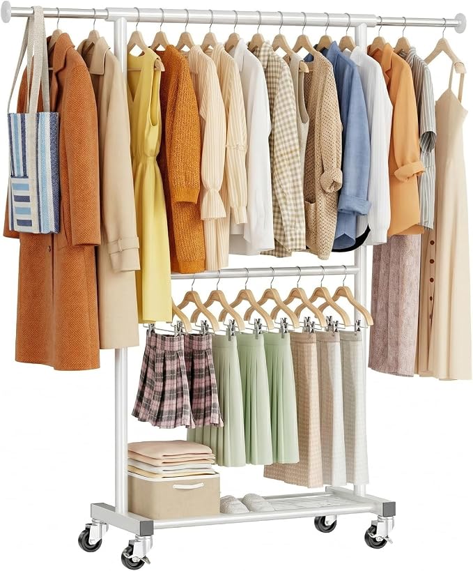 Standard Clothes Rack, Rolling 50“L Clothing Garment Rack with Mesh Shelves on Wheels, Adjustable Portable Wardrobe Rack for Bedroom, Laundry Room, White