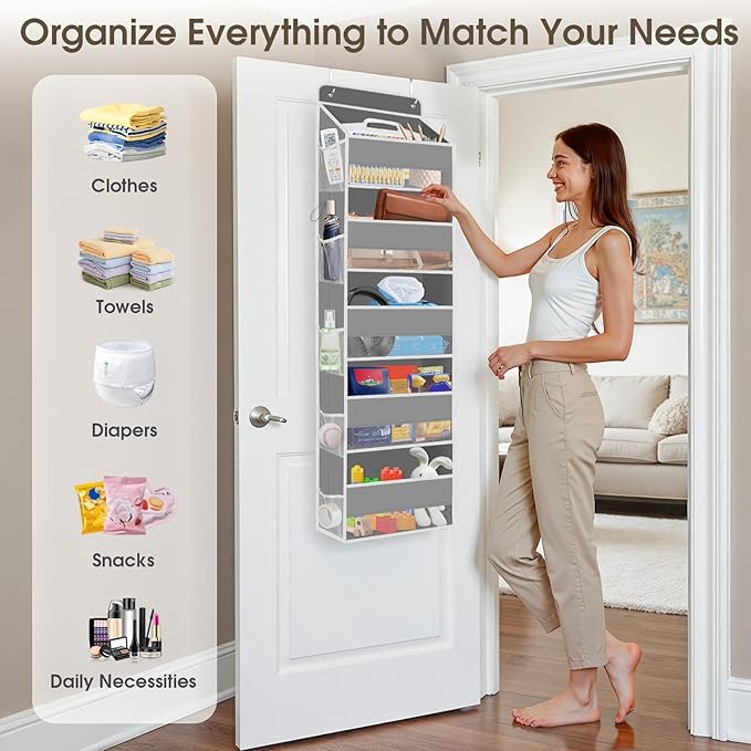 SpaceHacks 1 Pack Over The Door Organizer, Hanging Storage Organizer with Clear Window, 40lb Ultra Sturdy Large Capacity Room Organizer for Pantry Laundry Bathroom Nursery Closet Baby Essential (Grey)