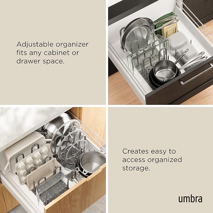 Peggy Kitchen Drawer Cupboard Organizer Tray - Adjustable Storage System For Food Containers, Cookware, Serveware, Utensils and More, Large, Grey