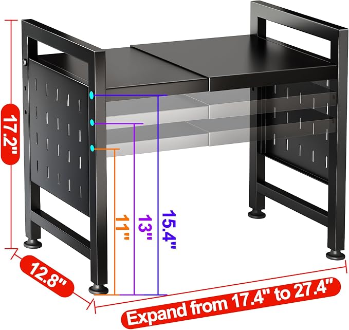 Kitstorack Adjustable Microwave Oven Rack,Microwave Stand Shelf Heavy Duty 2-Tier Shelf with Cutting Boards Stand for Kitchen Shelves Counter Top Organizer, Holds 120lbs,9 Hooks