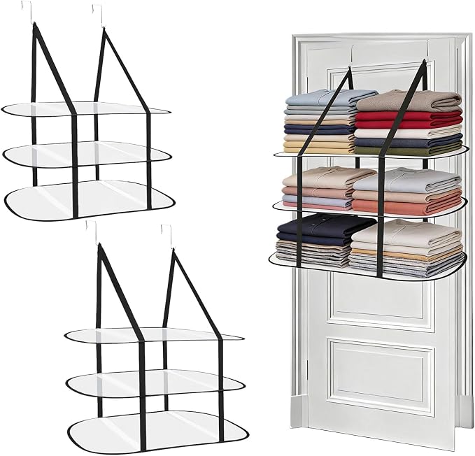 3 Tier Sweater Drying Rack, Over The Door Foldable Lay Flat Dryer with Mesh Panels, Space Saving Hanging Organizer for Sweaters, Blankets, Laundry in Apartments, Dorms, Bathrooms - 2 Pack Black