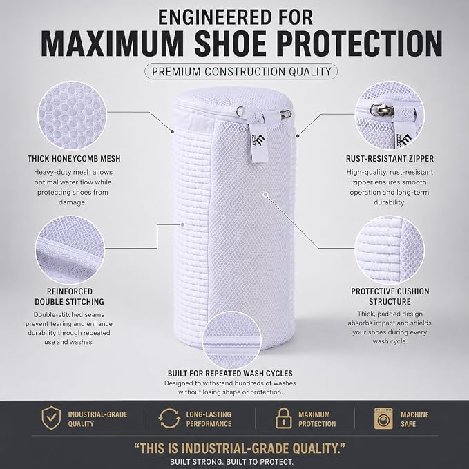 EPSCY Shoe Washing Machine Bags - Reusable Sneaker Laundry Shoe Bag with 360° Deep Clean Mesh - Self Locking Zipper, Noise Reduction Washing Bag Fits All Shoes Sizes and Types - White, Pack of 2