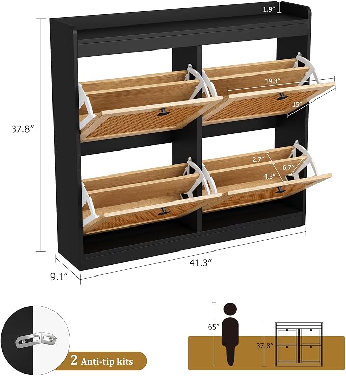 Garvee Shoe Storage Cabinet with 4 Deep Flip Drawers, Wood Shoe Cabinet with Rattan Doors and Adjustable Shelves- Freestanding Shoe Organizer for Entryway, Hallway (Black, 4 Drawers- 2PCS)