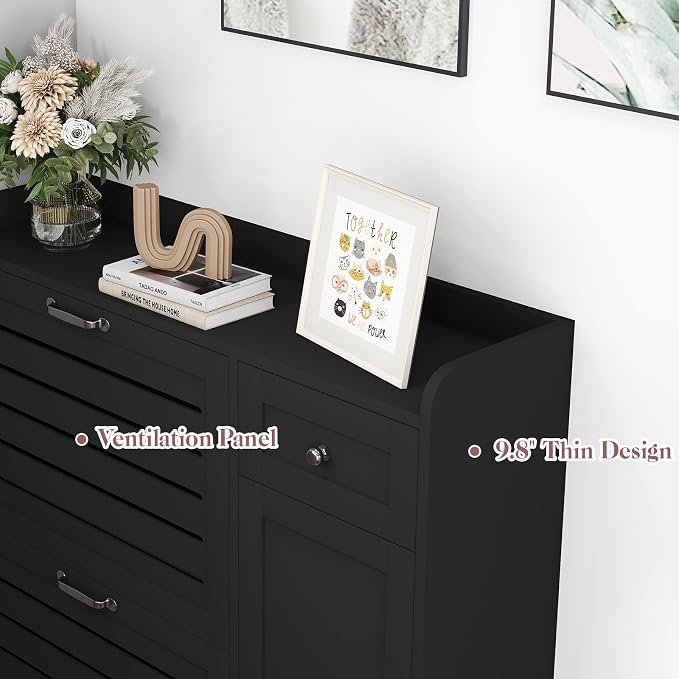 Slim Shoe Storage Cabinet for Entryway, Hidden Shoe Rack Cabinet with Doors, Drawers & Adjustable Shelf, Narrow Freestanding Ventilated Design, Thin Wooden Boot Storage Organizer, Black