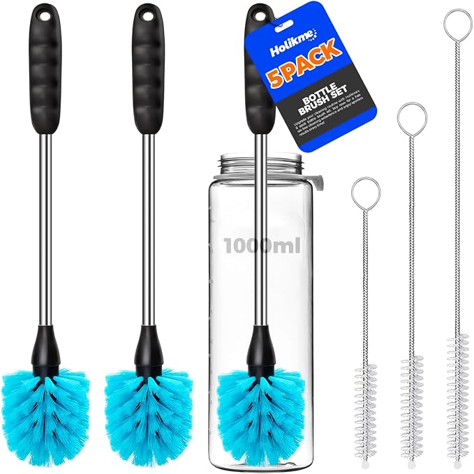 Holikme 5 Pack Bottle Brush 14" Stainless Steel Straw Cleaner Brush,Blue | 14" Long Handle Stainless Steel Bottle Cleaner Brush, 3 Straw Brushes, Bottle Cleaning Brush for Water Bottle Cups Baby