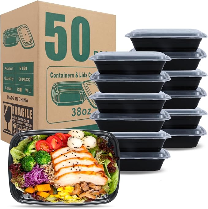 38oz Rectangular Meal Prep Containers, Black, Reusable, BPA-Free