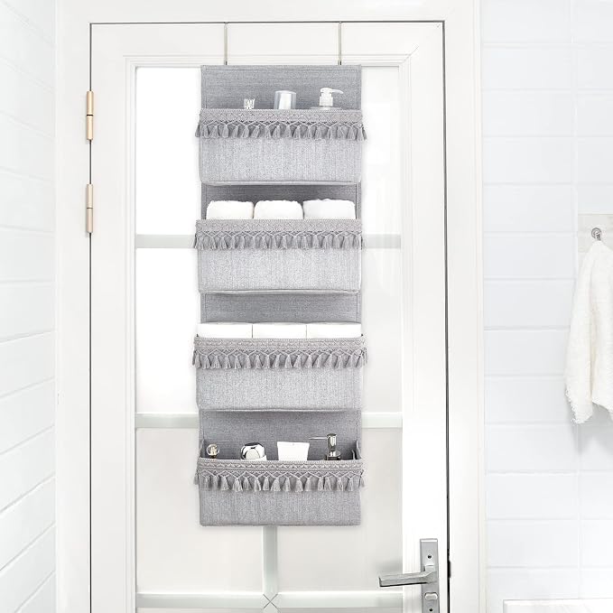 Dahey Over The Door Organizer Boho Nursery Storage Decor Closet Hanging Organizer with Tassels Decoration for Bedroom Nursery Bathroom Apartments Dorm Pantry, 4 Pockets, Grey