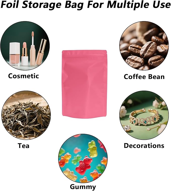 100PCS Smell Proof Resealable Pouch Bags,ULIFESTAR Aluminum Foil Flat Food Storage Bag,Sealable Pcsaging Zipper Pouches with Tear Notches for Pcsaging Lipgloss,Jewelry,etc(16 * 24cm/6.3 * 9.45",Pink)