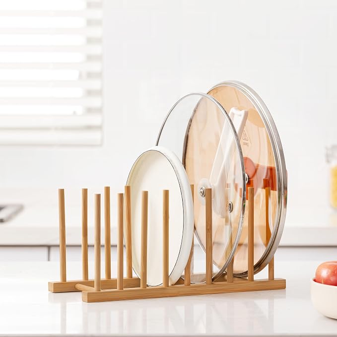 HBlife 2 Packs Heighten and Widen Bamboo Dish Drying Rack Plate Organizer | Plate Bowl Cup Book Pot Lid Cutting Board Stand, Drainer Storage Holder Organizer, For Kitchen Cabinet, 8 Slots