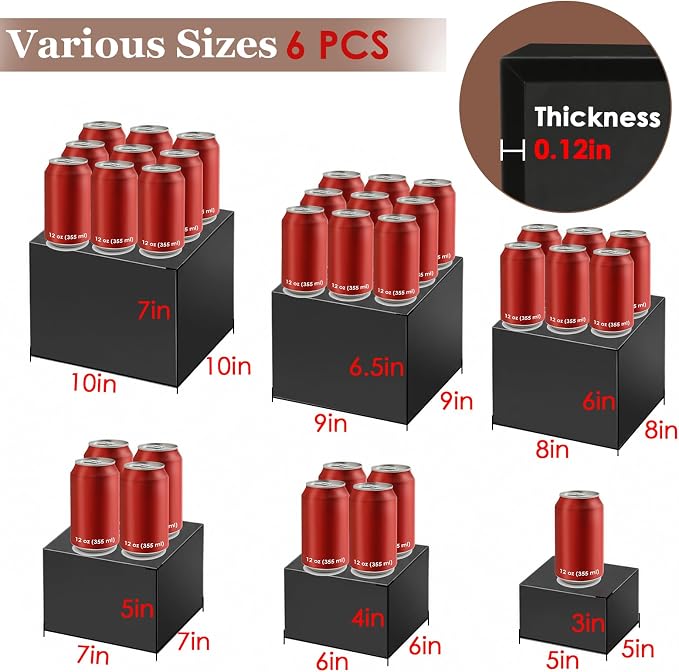 6Pcs Black Buffet Risers Set (Size 5",6",7",8",9",10"),Food Risers for Buffet Table Display Stand Shelf for Party Catering Dessert Collectibles Acrylic Cube Boxes Display with Hollow Bottoms