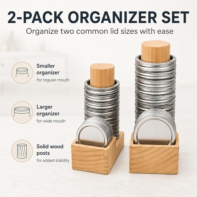 Mason Jar Lid Organizer, 2 Pack Wood Holder for Regular & Wide Mouth | Solid Pine Wood, 2-Pack Set, Regular & Wide Mouth, Holds 26 Rings & 44 Lids, Space-Saving Storage