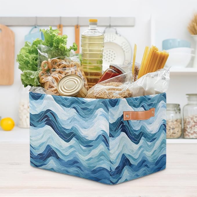 Rectangular Storage Bins Abstract Blue Waves Collapsible Fabric Storage Basket Organizer with Handles for Nursery Bedroom Bathroom