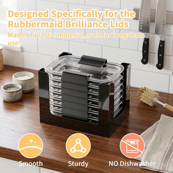 Acrylic Lid Organizer for Rubbermaid Brilliance Storage Containers,3-Piece | Acrylic Cabinet Lid Holder, Fits & Stores 24 Lids Total for 4.7-cup, 3.2-cup, and 1.3-cup Containers (Black)