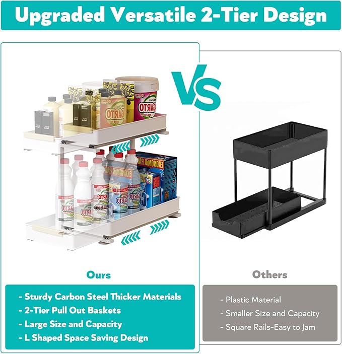 Under Sink Organizer, 2 Tiers Pull Out Bathroom Organizers and Storage, Slide Out Cabinet Organizer Shelf for Kitchen Bathroom, Multi-Purpose Collection Organizer Drawer Shelf (White, 2pcs)