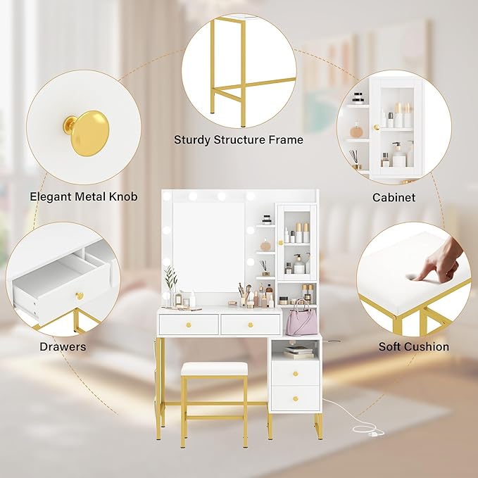 YIKEHOME 42 Inchs Vanity Desk with Large Mirror and Hollywood Bulb Design Lights, Women Makeup Vanity Table with Power Outlet, 6 Drawers & Storage, 3 Lighting Color Adjustable for Bedroom