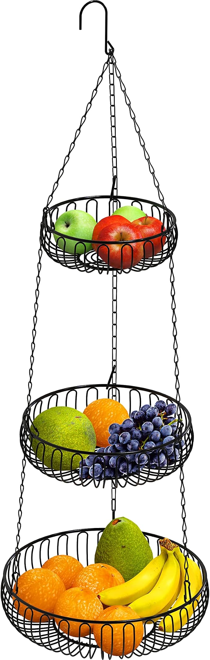 Simple Houseware Adjustable Metal Hanging Fruit Basket, Oblate, Black, 11" W x 11" L x 30" H | 11" W x 11" L x 30" H