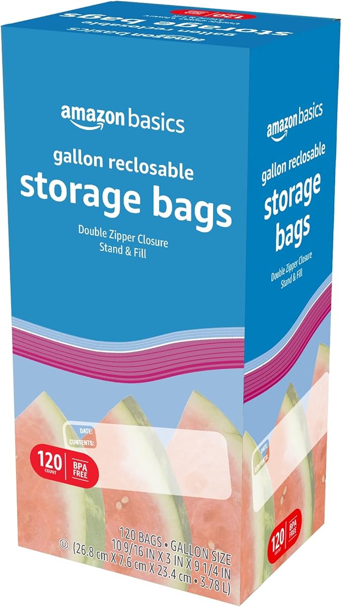 Amazon Basics Reclosable Gallon Food Storage Bags with Double Zipper Seal, Stand and Fill Base, BPA Free, 120 Count