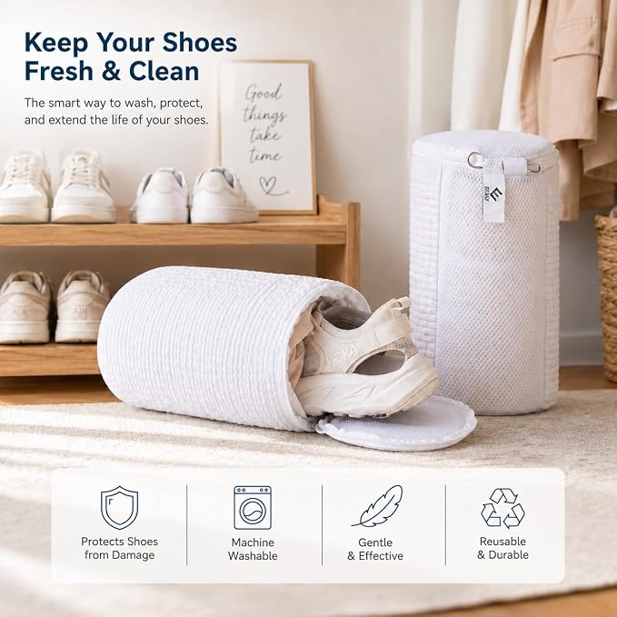 EPSCY Shoe Washing Machine Bags - Reusable Sneaker Laundry Shoe Bag with 360° Deep Clean Mesh - Self Locking Zipper, Noise Reduction Washing Bag Fits All Shoes Sizes and Types - White, Pack of 2