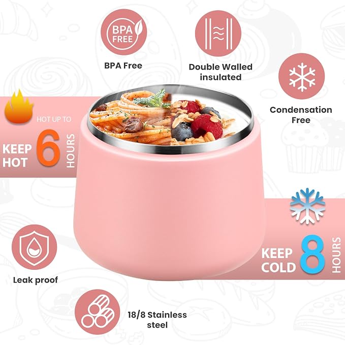 Itslife 14oz Vacuum Insulated Soup Thermo for Hot Food, Kids Lunch Container with Leakproof Buckle Lid, Wide Mouth Stainless Steel Food Jar with Spoon