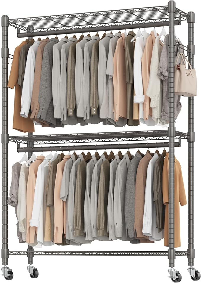 BATHWA Clothes Racks for Hanging Clothes, 25 mm tube Heavy Duty 47.3"W x 17.7"D x 80.7"H Large Wardrobe Rack with Shelves & Wheels Rolling Multifuctional for Bedroom Laundry Walk-in Closet Organizer