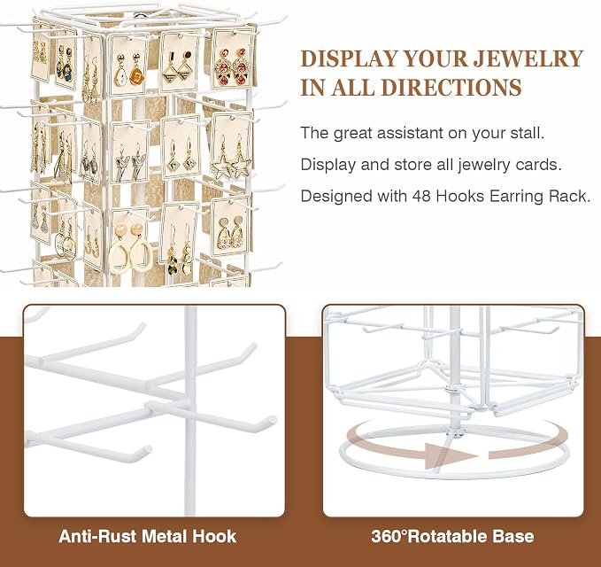 360 Rotating Earring Display Stands for Selling, 4 Tier Metal Earring Rack Holder Stand, Jewelry Display for Selling Earring Cards, Bracelets, Necklaces, KeyChains, Hair Accessories (48 Hooks)