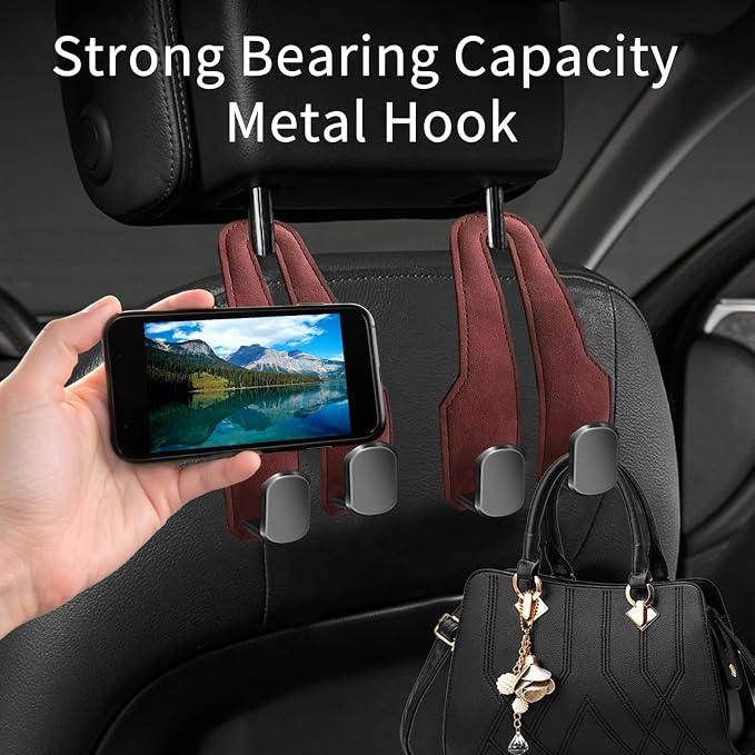 Car Seat Headrest Hooks for Purses and Bags, 4 Pack Bag Purse Holder for Car With Double Metal Hooks, Car Purse Hanger, Headrest Back Seat Handbags Hook Cute Hanging Accessories, hot pink