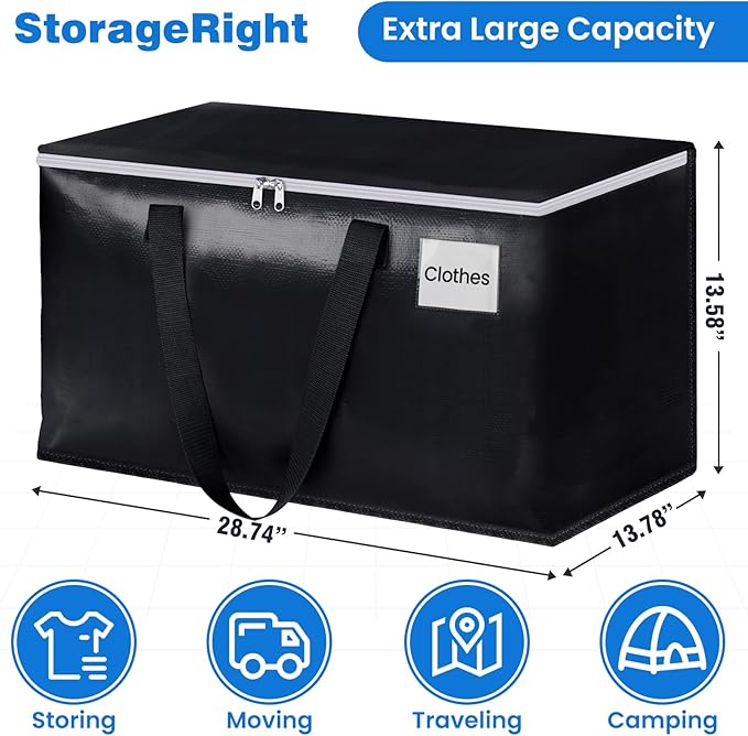 StorageRight Large Moving Bags Heavy Duty Storage Totes for Storage,Packing & Moving Collapsible Moving Supplies with Large Capacity, Reinforced Zippers and Handles, 88L, 10 Packs