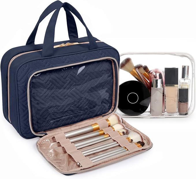 BAGSMART Toiletry Bag Hanging Travel Makeup Organizer with TSA Approved Transparent Cosmetic Bag Makeup Bag for Full Sized Toiletries, Medium-Navy