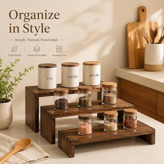 3-Tier Wooden Display Risers, Tiered Display Stand, Shelf Risers for Table Display, Small Wood Display Shelf (1, Cranberry)