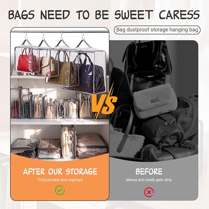 Hsei 12 Pcs Clear Dust Bags For Handbags 4 Sizes Fits Mini Wallet Oversized Tote Bags PVC Waterproof Purse Storage Organizer for Luxury Bag Soft Stand-Up with Zipper Handle for Closet Hanging (Grey)