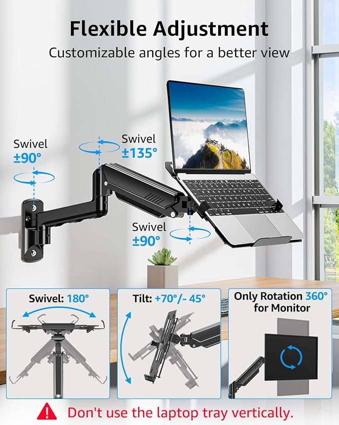 MOUNTUP Laptop Wall Mount, Adjustable Laptop Mount for Max 17" Notebook or Max 32" Monitor, Wall Mount Laptop Holder Holds 4.4-22lbs, 2-in-1 Laptop Arm with Ventilated Tray