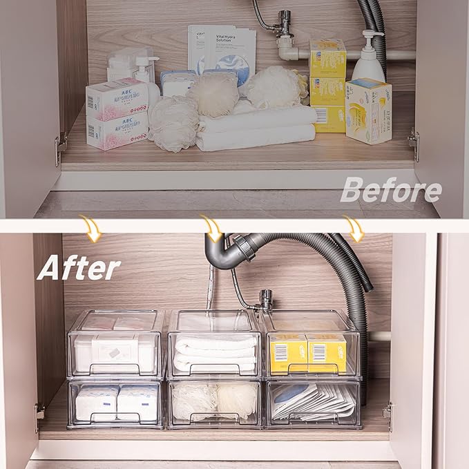 2 Pack Stackable Storage Drawers, Plastic Clear Organizer Bins with Handles for Undersink, Kitchen Cabinet, Fridge, Closet, Pantry, Office, Bathroom