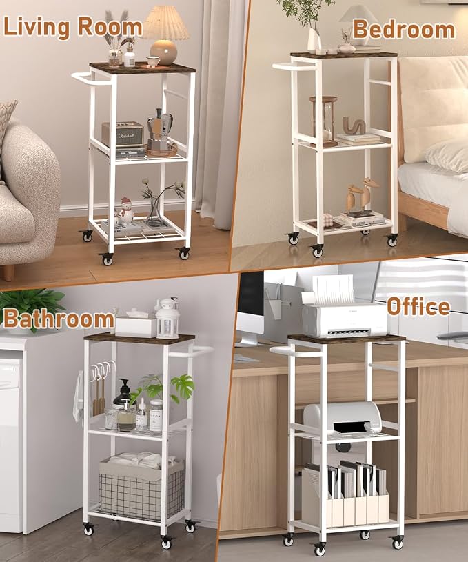 Kitchen Microwave Stand Cart with Storage Rack, 3-Tier Rolling Kitchen Side Table on Wheels with 8 Hooks, Utility Small Coffee Shelf Organizer for Living Room, Bedroom, Bathroom, Office, White