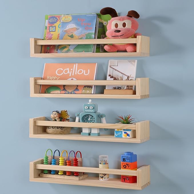 Nursery Room Shelves Set of 4, Wood Floating Book Shelves for Kids Room, Baby Book Shelf for Nursery, Kitchen Spice Rack (Natural Wood)