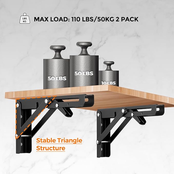 Ravinte Matte Black Folding Shelf Brackets, 6 Inch, 2 Pack | Collapsible Bracket Design, Table And Bench Support, Space-Saving Shelf Setup, For Worktops, Laundry Rooms, Garage Projects