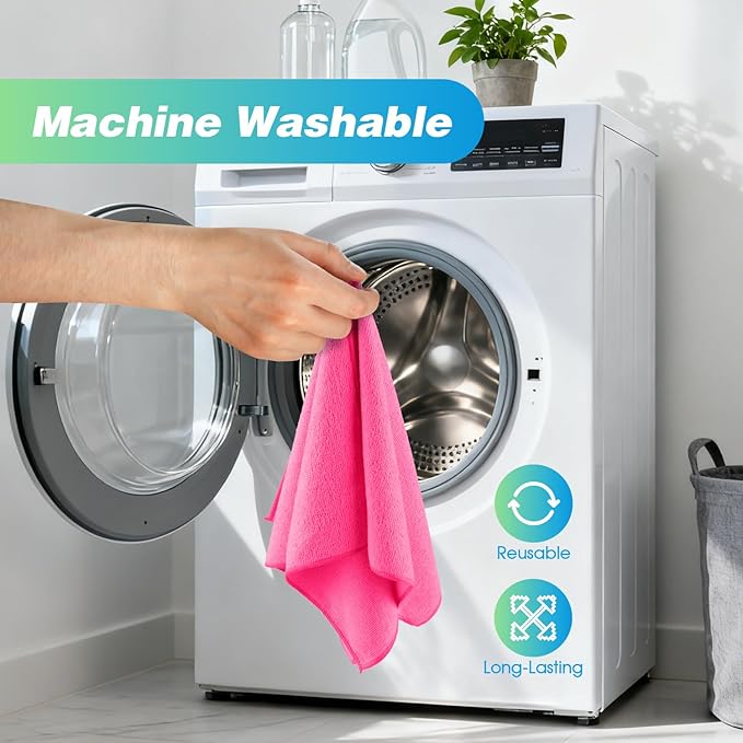 HOMEXCEL Pink Microfiber Cleaning Cloth, 24 Pack Absorbent Cleaning Rags, Lint-Free, Streak-Free Cleaning Towels for Car Kitchen House, 12"X11"