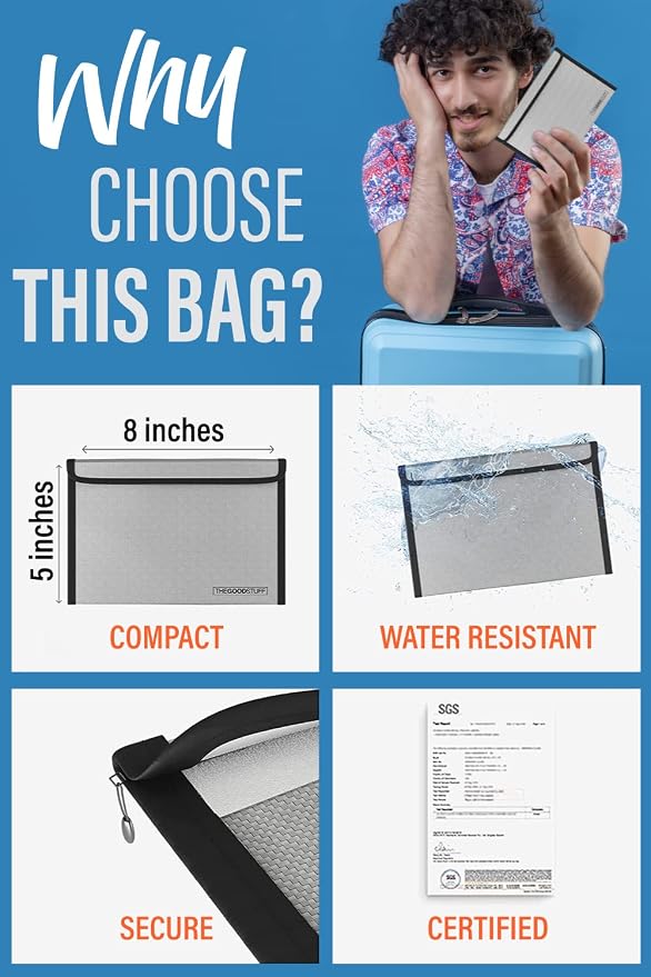 Fireproof Document Bag Envelope Size: 8" x 5" [2000°F Rated] Fireproof Cash Bags with Zipper Small Water and Fire Resistant Money Bag for Cash Storage, Fireproof Bags for Cash Fire Proof