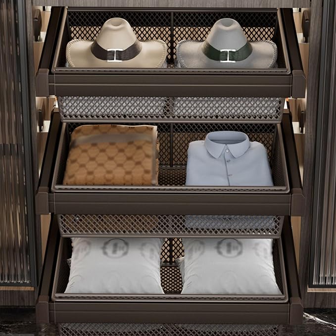 Pull Out Drawer Organizer Containers,Aluminum Alloy Stackable Shelf Baskets Organizer,Stackable Storage Bins,for Office Bathroom Bedroom(Save Space)(Gray,33.85-37.79in)