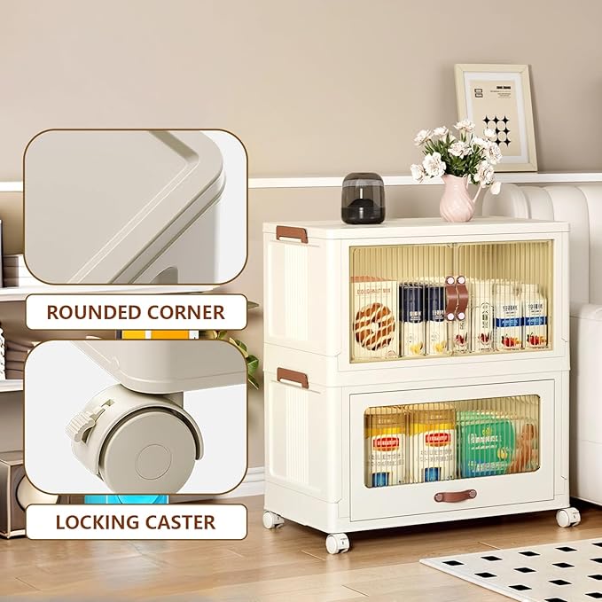 Collapsible Stackable Storage Bins with Wheels, 131QT/32Gal Extra Large Foldable Storage Containers with Lid, 2/3/4/5-Pack Space Saving Bins for Home Garage Pantry Organization L White 5T