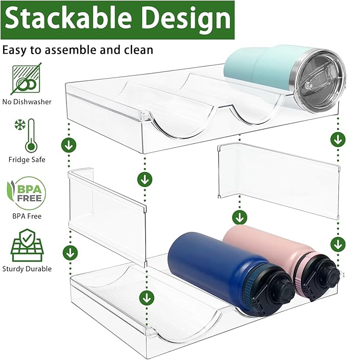 Spaclear 4 Pack Water Bottle Organizer, Stackable Kitchen Pantry Organization and Storage Shelf, Plastic Bottle Holder for Fridge Kitchen Cabinet Organizer and Storage, Tumbler Mug Cup Organizer