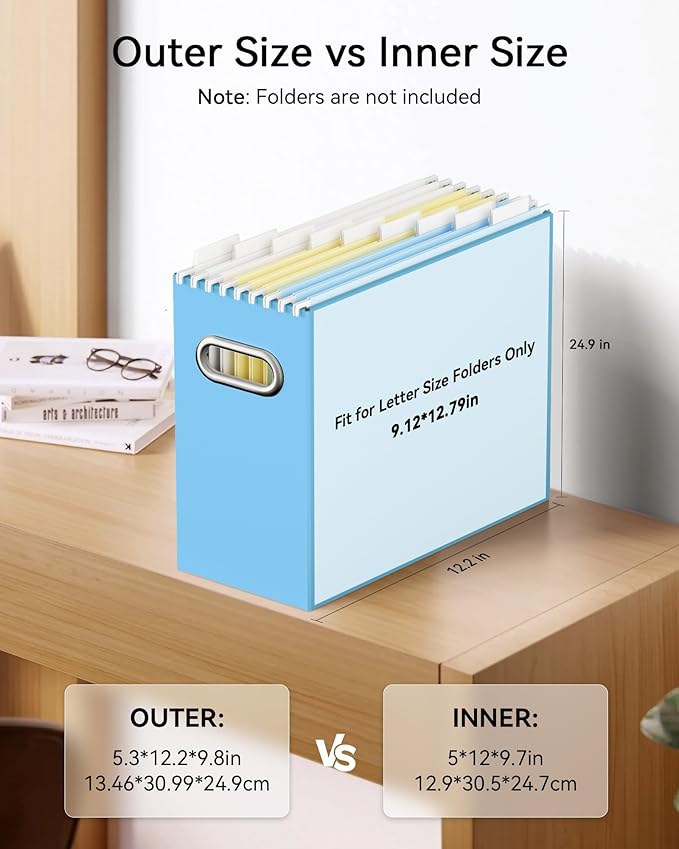 Oterri File Organizer Box, Portable Collapsible Cardboard File Folder Organizer with Handle for Letter Size Hanging Files, Document Storage Box for Home Office & Classroom (8 Packs, Blue)