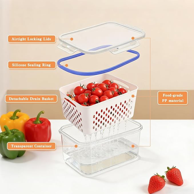 Fruit Storage Containers for Fridge, 4 in 1 Food Storage Container, Produce Storage Containers with Lid and Strainer, Including Drain Basket, Multipurpose Large Fruit Containers for Fridge-3PCS White
