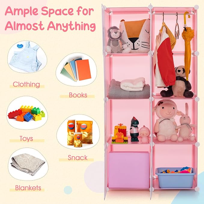 INFANS Children Wardrobe, Kid Closet Portable Baby Dresser Cute for Kids Bedroom Nursery Armoire with Doors 12 Cube 2 Hanging Sections, Kid Clothes Storage Organizer (Pink, 8 Cubes)