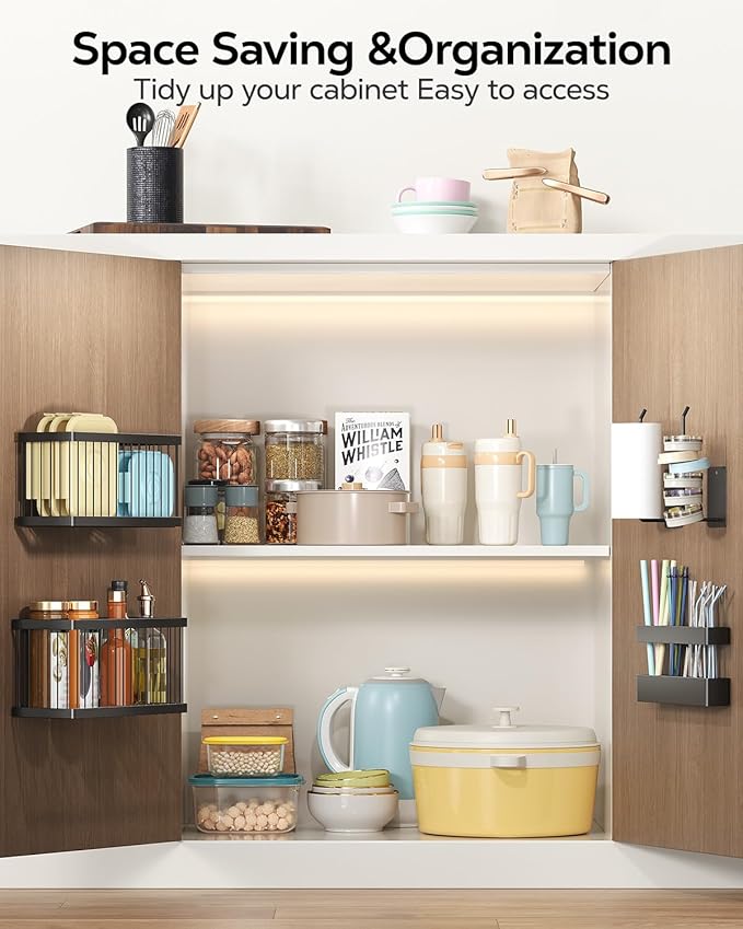 Nieifi Adhesive Cabinet Door Organizer, 5 Pack, Black | Lid Organizers, Tumbler Lid Organizer and Straw Holder, Wall Mounted, Inside Cabinet Storage Boxes