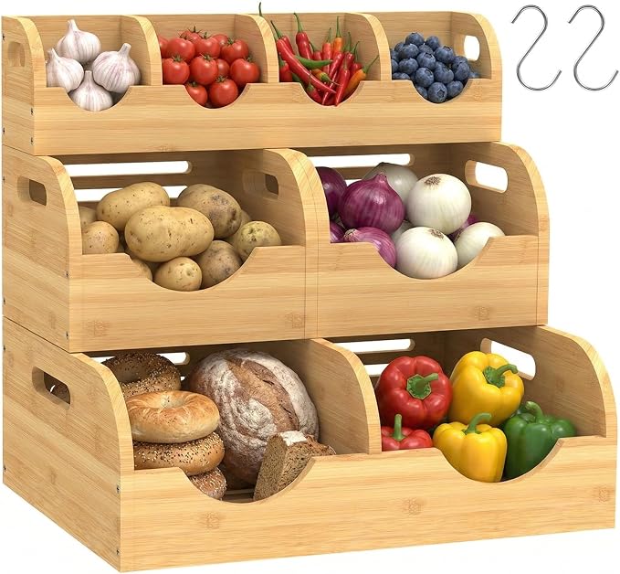 Upgraded 3 Tier Bamboo Pantry Storage Bins,Large potato storage | With 2 Banana Hangers,Stackable Potato and Onion Storage Bin with Airflow Vent,Vegetable Storage,for Kitchen Countertop