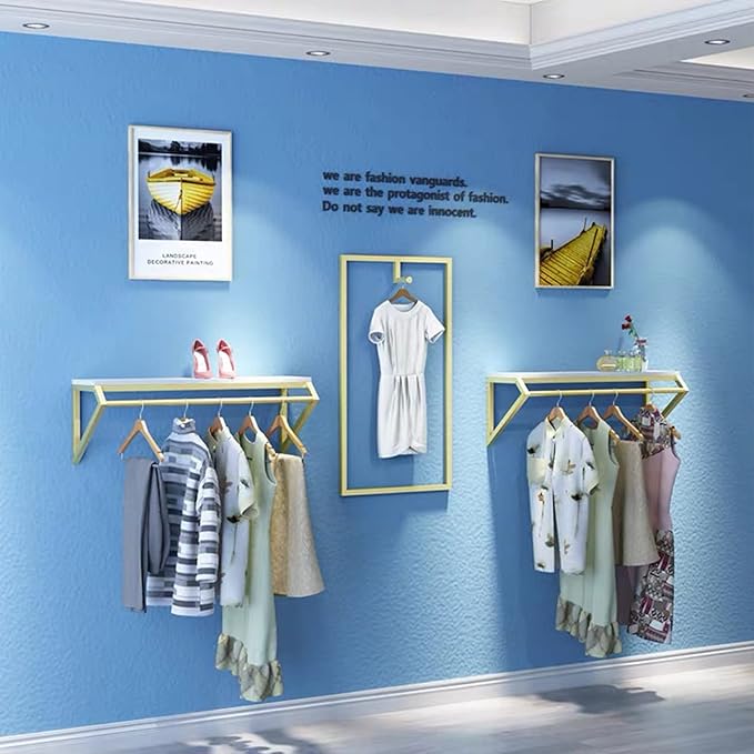 Modern Simple Men's and Women's Clothing Store Heavy Duty Metal Display Stand,Wall-Mounted Garment Rack with Wood,Clothes Rail,Bathroom Hanging Towel Rack (Gold Square Tube, B-59 L)