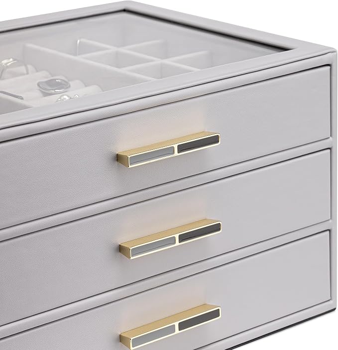 VLANDO 3-Drawer Jewelry Box with Glass Lid, Faux Leather Organizer for Rings Earrings Necklaces and More, Gift-Ready Jewelry Case for Women Girls or Moms, Grey