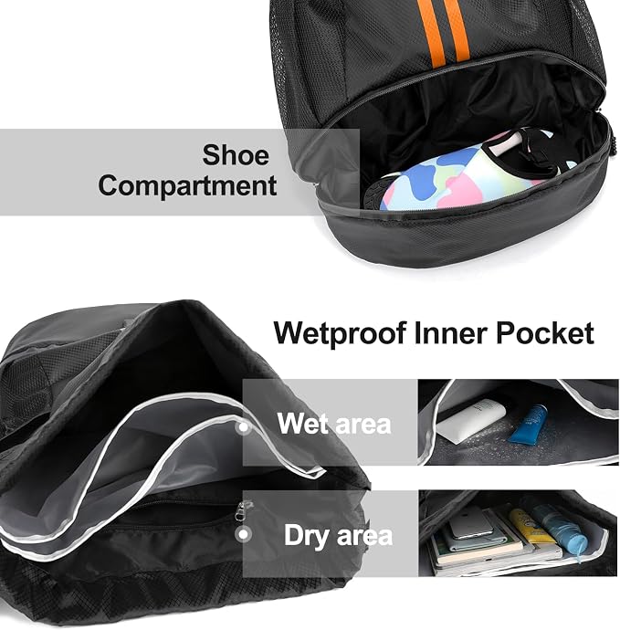 Hoedia Sports Drawstring Backpack - Swim Gym Bag for Women and Men | String Bag with Shoes Compartment and Wet Proof Pocket, Adjustable Wider Shoulder Strap, For Soccer, Basketabll, Volleyball