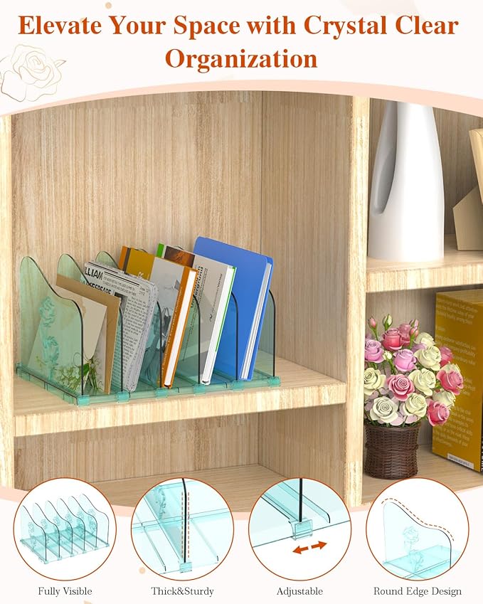 Adjustable Rose File Organizer for Desk, Vertical File Folder Holders for Magazines, Upright Desktop Binder Organizer, Clear Paper Bookshelf Divider File Sorter for School Office Supplies
