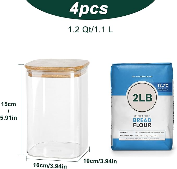 LIBWYS 4-Pack Glass Pantry Storage Containers with Bamboo Lids1.22Qt - Stackable Square Food Jars for Pantry Organization, Coffee, Flour, Snacks, Tea | Kitchen Canisters Set
